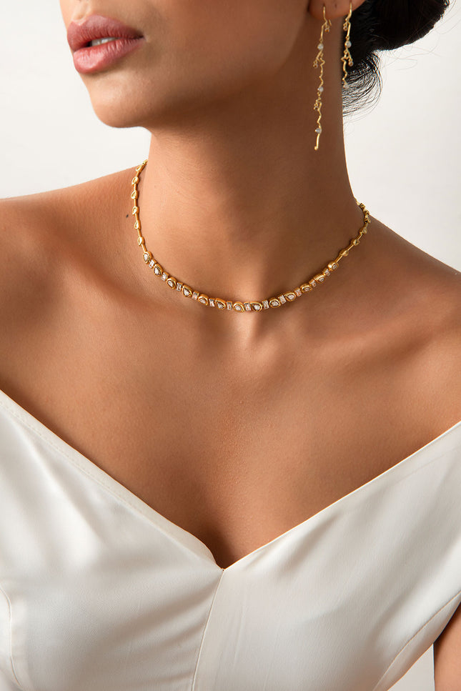 Gold 925 sterling silver asymmetric stone detailed necklace 11
