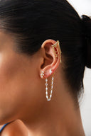 Altın Damla ve kristal taşlı zincir detaylı 925 ayar gümüş kıkırdak küpe 61