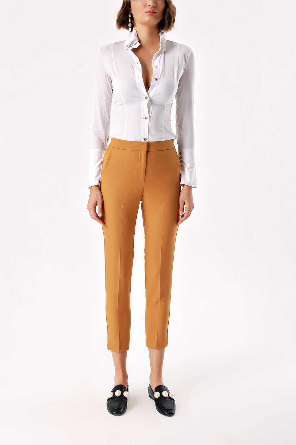 White Shirt, Camel Trousers, Loafers