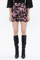 Siyah Zemin Çiçek Baskılı Büzgülü dar kesim midi etek 81123