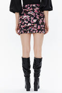 Siyah Zemin Çiçek Baskılı Büzgülü dar kesim midi etek 81123