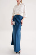 Petrol Beli lastikli uzun saten etek 81331