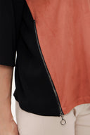 Siyah Taba Süet mixli fermuar detaylı bluz 19399