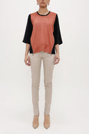 Siyah Taba Süet mixli fermuar detaylı bluz 19399