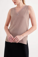 Bej DANTEL DEYATLI V YAKA İPEK BLUZ  19479