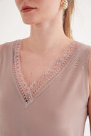 Bej DANTEL DEYATLI V YAKA İPEK BLUZ  19479