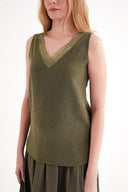 Haki DANTEL DEYATLI V YAKA İPEK BLUZ  19479