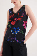 Siyah Baskı DANTEL DEYATLI V YAKA İPEK BLUZ  19479