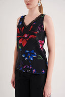 Siyah Baskı DANTEL DEYATLI V YAKA İPEK BLUZ  19479