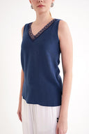 Çivit DANTEL DEYATLI V YAKA İPEK BLUZ  19479