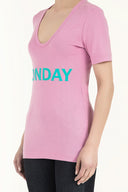 Pembe V yaka baskılı örme bluz 19594