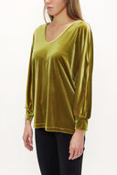 Zeytin Yeşili V yaka kadife bluz 19654