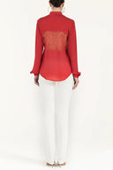 Kırmızı Dantelli bol kesim saten gömlek 10606