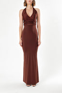 Kahve DERİN V YAKA ÖRME KUMAŞ ELBİSE  91733