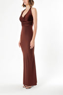 Kahve DERİN V YAKA ÖRME KUMAŞ ELBİSE  91733