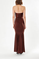 Kahve DERİN V YAKA ÖRME KUMAŞ ELBİSE  91733