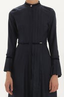 Lacivert Pilise detaylı belden oturtmalı uzun elbise 92196