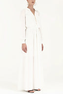 Beyaz Omuzları büzgülü düğmeli uzun elbise 92251