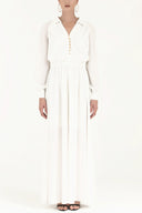 Beyaz Omuzları büzgülü düğmeli uzun elbise 92251