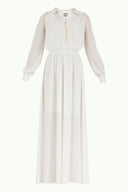 Beyaz Omuzları büzgülü düğmeli uzun elbise 92251