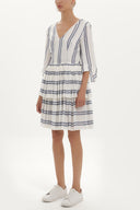 Mavi V yaka volanlı  çizgili mini elbise 92384