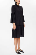 Siyah Önden düğmeli büzgülü elbise 92495