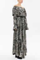 Siyah Omuzu lastikli ve kemerli uzun elbise 92518