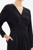 Siyah Düşük omuz V yaka düğmeli midi elbise 92613