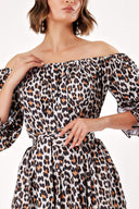 Leopar Düşük Omuz Bol Kesim Elbise  92635