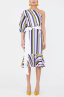 Çizgili Tek omuz godeli midi elbise 92802