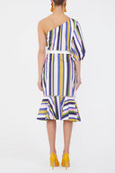 Çizgili Tek omuz godeli midi elbise 92802