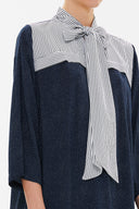 Lacivert Yakası bağcıklı bol kesim midi elbise 92816