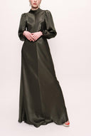 Haki Kolları büzgülü uzun elbise 93026