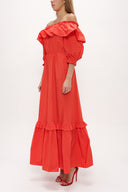 Kırmızı Düşük omuzlu fırfırlı uzun elbise 93073