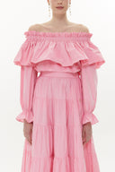 Açık Pembe Omuz  lastikli balon kol crop bluz  19821