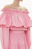 Açık Pembe Omuz  lastikli balon kol crop bluz  19821