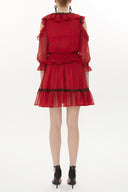 Puantiyeli Omuzu dekolte mini elbise 93139