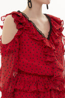 Puantiyeli Omuzu dekolte mini elbise 93139