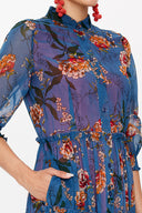 Mavi Kolları lastikli büzgülü uzun elbise 93164