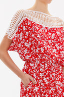 Kırmızı Yakası dantelli kuşaklı uzun elbise 93205