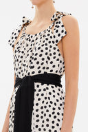 Bej Siyah Puantiyeli Omuzları bagcıklı kuşaklı uzun elbise 93259