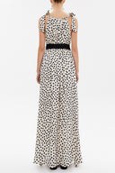 Bej Siyah Puantiyeli Omuzları bagcıklı kuşaklı uzun elbise 93259