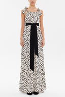 Bej Siyah Puantiyeli Omuzları bagcıklı kuşaklı uzun elbise 93259