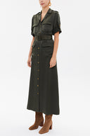 Yeşil Kelebek yaka cepli  midi  elbise 93289