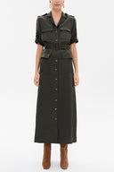 Yeşil Kelebek yaka cepli  midi  elbise 93289