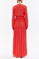 Kırmızı V yaka kemerli uzun elbise 93341