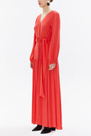 Kırmızı V yaka kemerli uzun elbise 93341