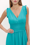 Yeşil Beli lastikli V yaka kolsuz uzun elbise 93348