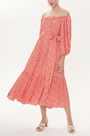 Kırmızı Kayık yaka balon kollu elbise 93421