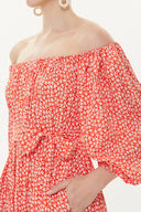 Kırmızı Kayık yaka balon kollu elbise 93421